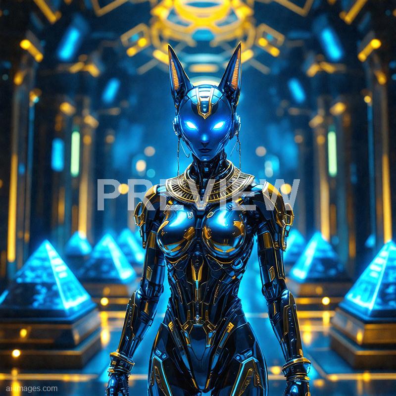 The image features a highly detailed, futuristic humanoid robot with an elegant, sleek design, standing in a technologically advanced environment. The robot's body is metallic with a shiny, reflective surface, predominantly in black and gold accents, and glowing blue eyes that emit an intense light. Behind the robot, there are illuminated geometric structures and a backdrop filled with intricate patterns and glowing lines, giving a sense of a high-tech, sci-fi setting.
